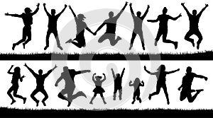 Happy jumping people, silhouettes set. Cheering young children, audience photo